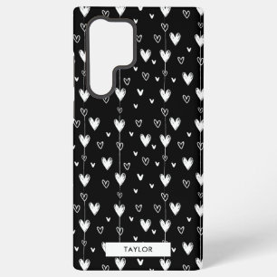 白黒ドードルハートパターンモノグラム名 SAMSUNG GALAXY S22 ULTRAケース