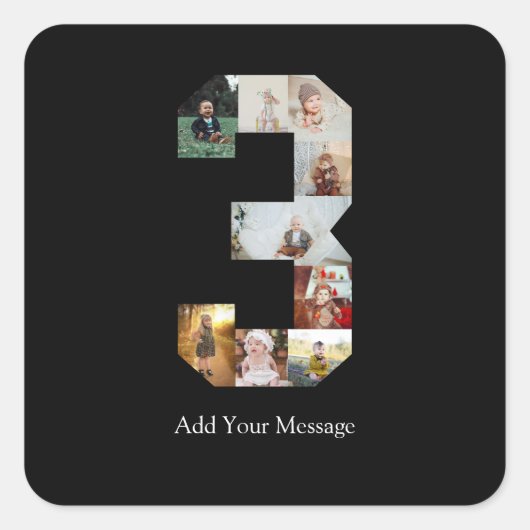 白黒ナンバー3写真コラージュ スクエアシール (正面)