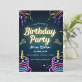 白黒ネオン誕生日パーティーポスター 招待状 (スタンド正面)