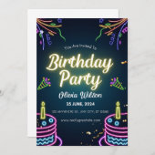 白黒ネオン誕生日パーティーポスター 招待状 (正面/裏面)