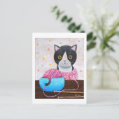 白黒ネコ編み物針と糸 ポストカード (スタンド正面)