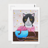 白黒ネコ編み物針と糸 ポストカード (正面/裏面)