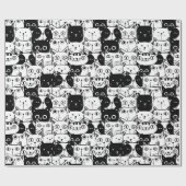 白黒ネコ顔パターン誕生日パーティー ラッピングペーパー (フラット)
