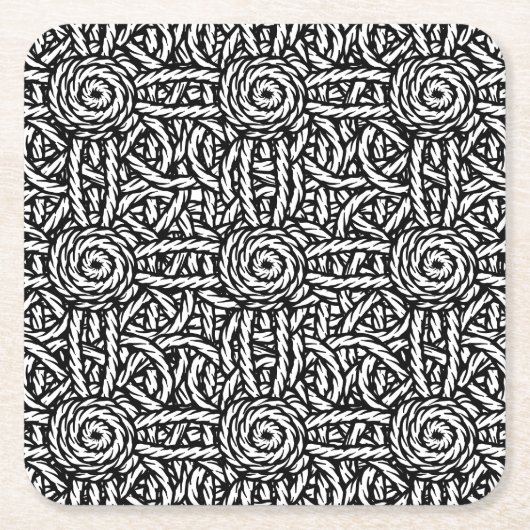 白黒ノットとロープのマクラメスタイル スクエアペーパーコースター (正面)