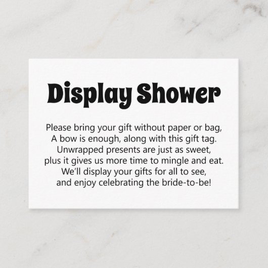 白黒ノーラップはっきりした表示ブライダルシャワー エンクロージャーカード (正面)