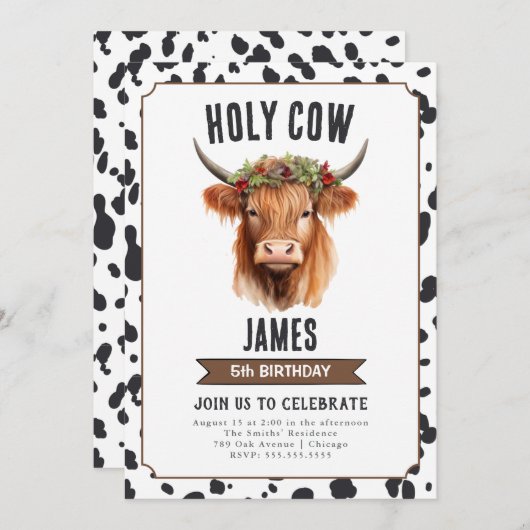 白黒ハイランド牛の誕生日パーティー 招待状 (正面/裏面)