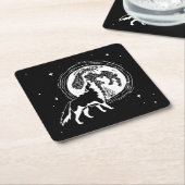 白黒ハウリングハスキームーンリノカット スクエアペーパーコースター (アングル)
