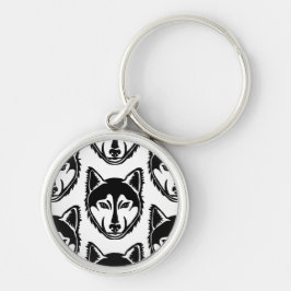 白黒ハスキーポートレートリノカットパターン キーホルダー