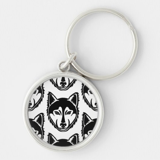 白黒ハスキーポートレートリノカットパターン キーホルダー (正面)