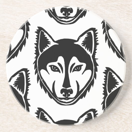 白黒ハスキーポートレートリノカットパターン コースター (正面)