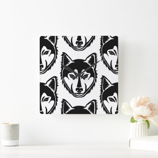 白黒ハスキーポートレートリノカットパターン スクエア壁時計 (ホーム)