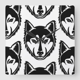 白黒ハスキーポートレートリノカットパターン スクエア壁時計