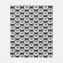 白黒ハスキーポートレートリノカットパターン フリースブランケット