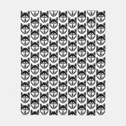 白黒ハスキーポートレートリノカットパターン フリースブランケット (正面)