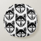 白黒ハスキーポートレートリノカットパターン ラウンドクッション (正面)