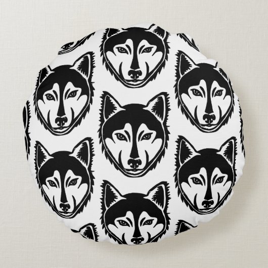 白黒ハスキーポートレートリノカットパターン ラウンドクッション (裏面)