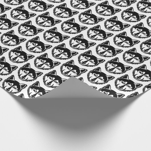 白黒ハスキーポートレートリノカットパターン ラッピングペーパー (角)