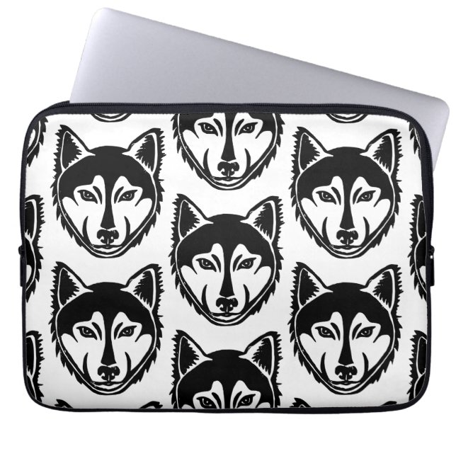 白黒ハスキーポートレートリノカットパターン ラップトップスリーブ (正面)