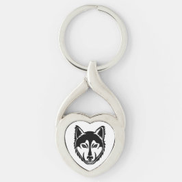 白黒ハスキーポートレートリノカットプリント キーホルダー