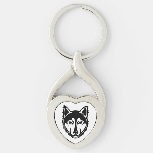 白黒ハスキーポートレートリノカットプリント キーホルダー (正面)