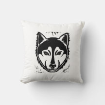 白黒ハスキーポートレートリノカットプリント