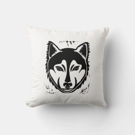 白黒ハスキーポートレートリノカットプリント クッション