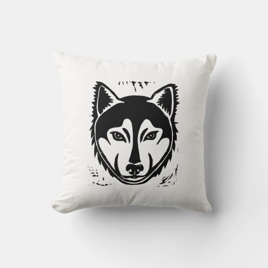 白黒ハスキーポートレートリノカットプリント クッション (正面)