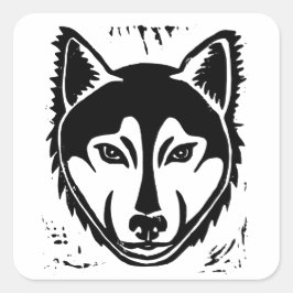 白黒ハスキーポートレートリノカットプリント スクエアシール