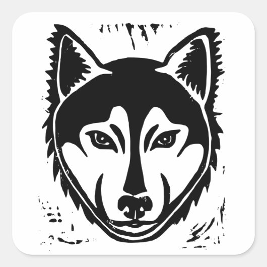 白黒ハスキーポートレートリノカットプリント スクエアシール (正面)