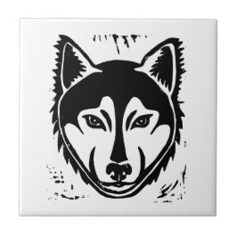 白黒ハスキーポートレートリノカットプリント タイル