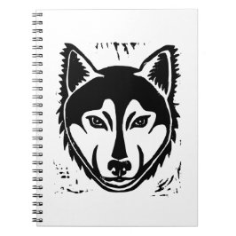 白黒ハスキーポートレートリノカットプリント ノートブック
