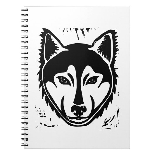 白黒ハスキーポートレートリノカットプリント ノートブック (正面)