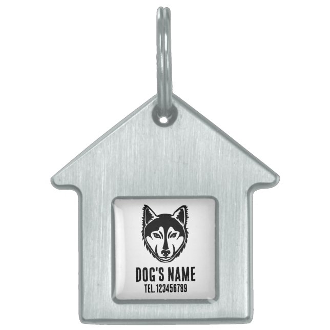 白黒ハスキーポートレートリノカットプリント ペットネームタグ (正面)