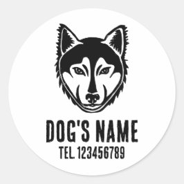 白黒ハスキーポートレートリノカットプリント ラウンドシール