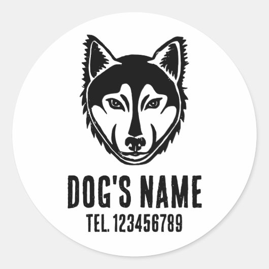 白黒ハスキーポートレートリノカットプリント ラウンドシール (正面)