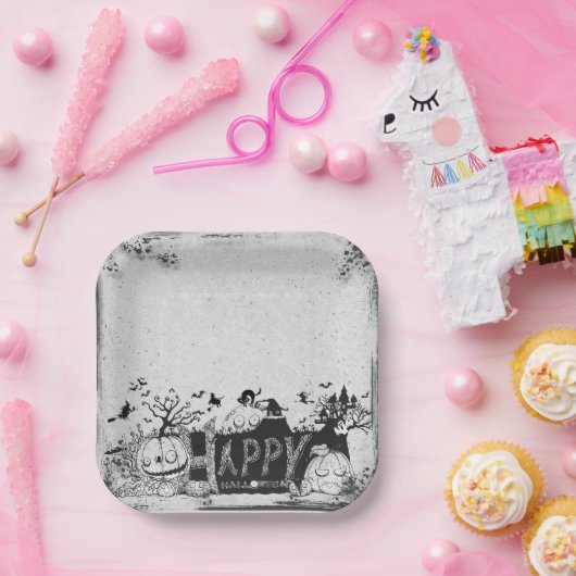 白黒ハッピーハローウィンパーティー ペーパープレート (パーティー)