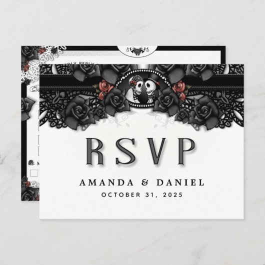 白黒ハロウィンスケルトンメニューRSVP PostCard インビテーションポストカード (正面/裏面)
