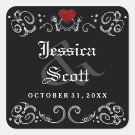 白黒ハロウィン結婚スケルトン名の日付 スクエアシール