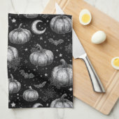 白黒ハロウィーンカボチャ，こうもり，スパイダーウェブ キッチンタオル (四つ折り)