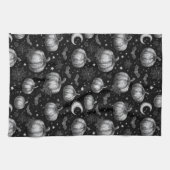 白黒ハロウィーンカボチャ，こうもり，スパイダーウェブ キッチンタオル (横)