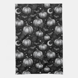 白黒ハロウィーンカボチャ，こうもり，スパイダーウェブ キッチンタオル