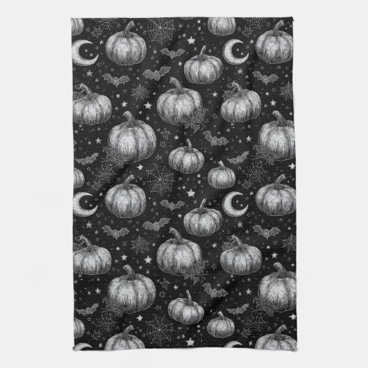 白黒ハロウィーンカボチャ，こうもり，スパイダーウェブ キッチンタオル (縦)