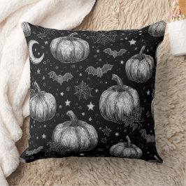 白黒ハロウィーンカボチャ，こうもり，スパイダーウェブ クッション