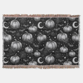 白黒ハロウィーンカボチャ，こうもり，スパイダーウェブ スローブランケット
