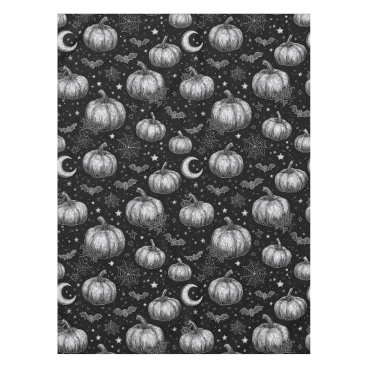白黒ハロウィーンカボチャ，こうもり，スパイダーウェブ テーブルクロス (正面)