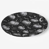 白黒ハロウィーンカボチャ，こうもり，スパイダーウェブ ペーパープレート (アングル)