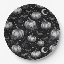 白黒ハロウィーンカボチャ，こうもり，スパイダーウェブ