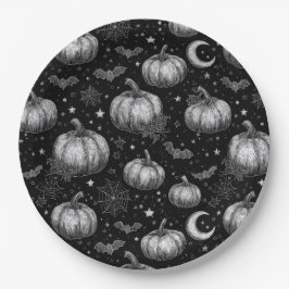 白黒ハロウィーンカボチャ，こうもり，スパイダーウェブ ペーパープレート