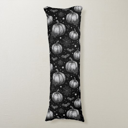 白黒ハロウィーンカボチャ，こうもり，スパイダーウェブ ボディピロー (正面縦)