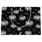 白黒ハロウィーンカボチャ，こうもり，スパイダーウェブ ラージペーパーバッグ (正面)